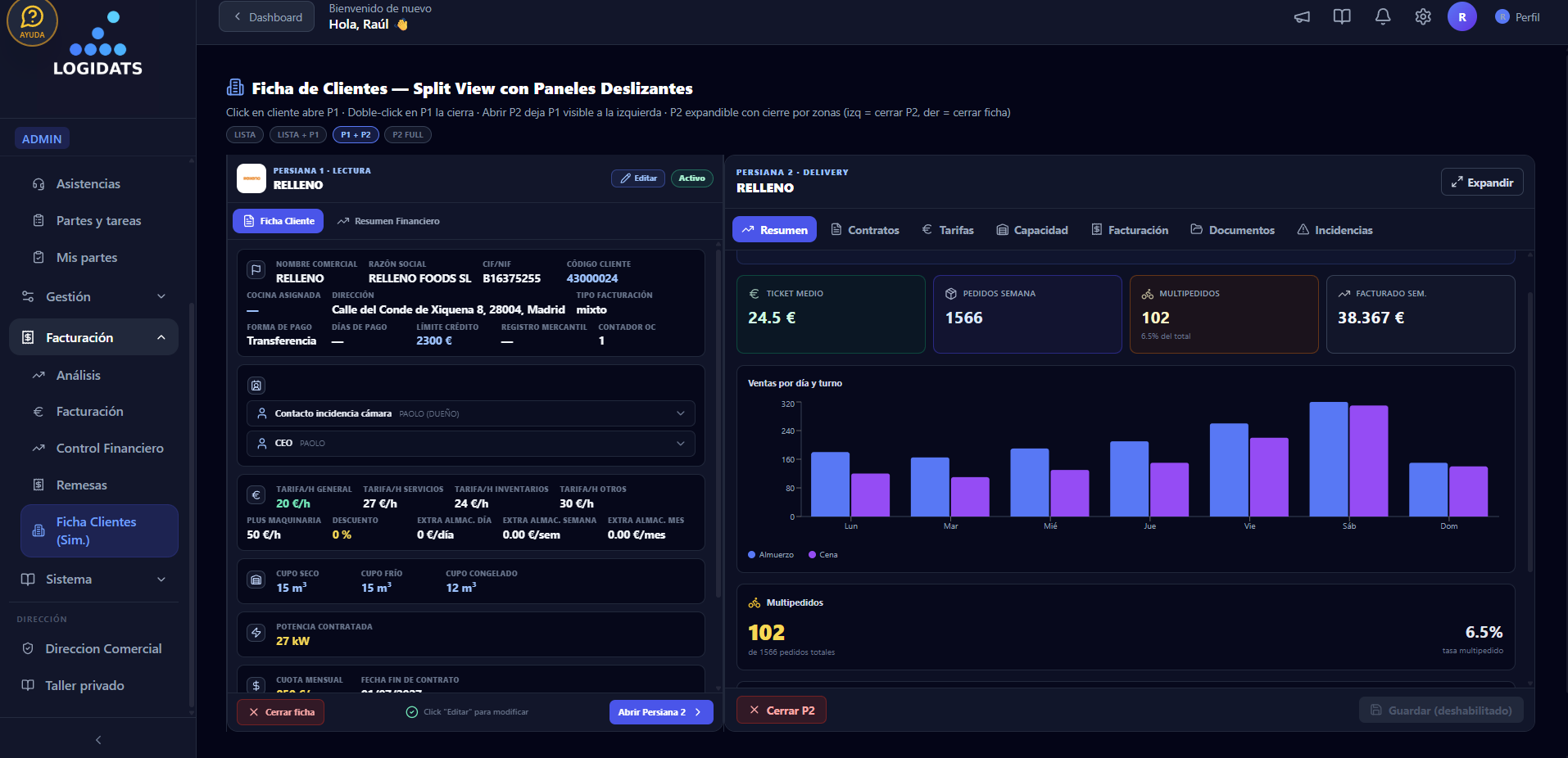 Ficha de cliente Logidats con panel operativo y facturación